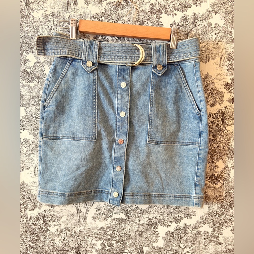White House Black Market Light Blue Denim Mini Skirt Jean Belted Sz 4 Utility